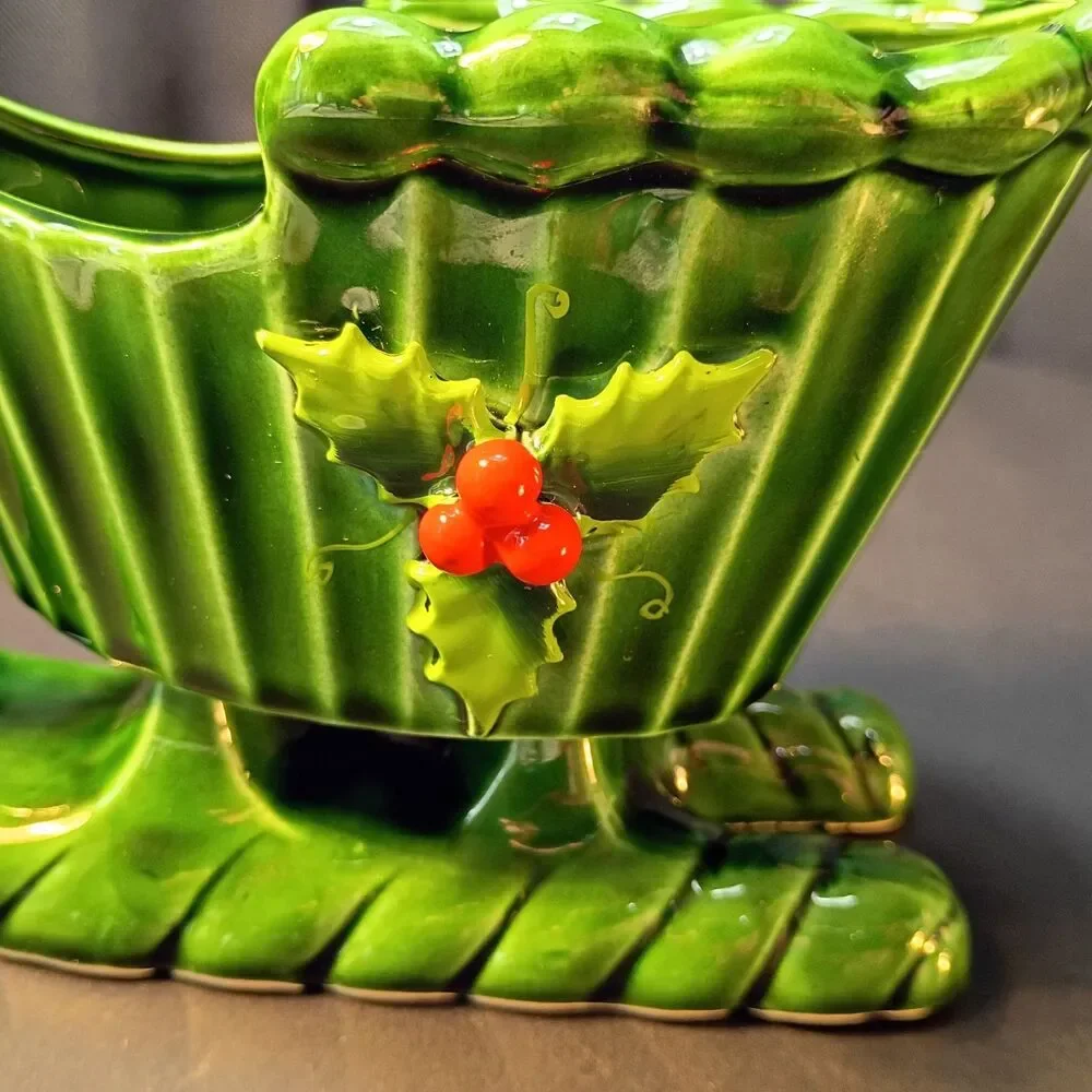 Vintage Holt Howard Ceramic Green Candle Holder Planter Sleigh, MCM Christmas
